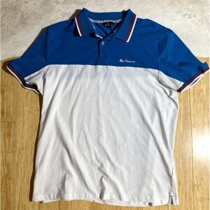 Ben Sherman Size Large Mens White Blue Color Block Embroidered Logo Polo Collard